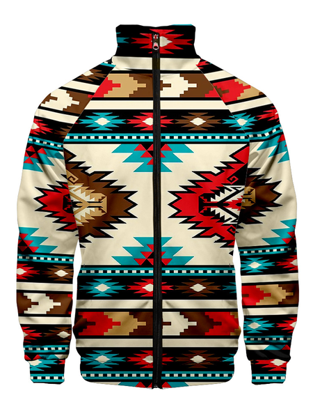 

Native Print Long Sleeve Zipper Jackets, White, Jackets & Coats