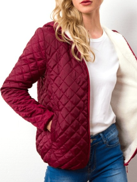 

Fall Simple Solid Hooded Mid-weight Non-Stretch Daily Outerwear, Wine red, Coats