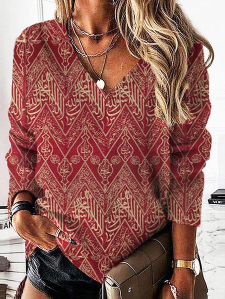 V Neck Loosen Shirts & Tops, Red, Tops