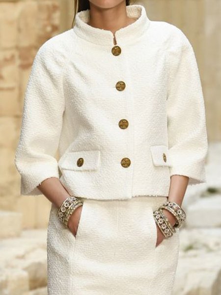 

Elegant Stand Collar Jacket, White, Coats