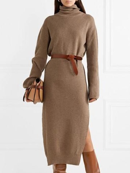 

Elegant High Neck Long Sleeve Sweater Dress, Camel, Midi Dresses