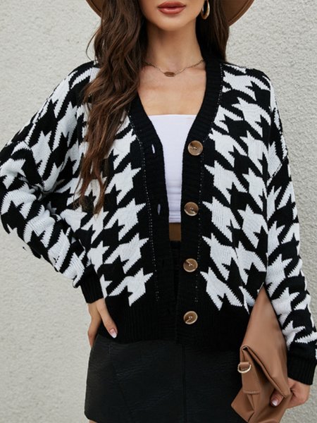 

Work Date Daily Household Regular Fit Houndstooth V Neck Outerwear, Black-white, Cardigans
