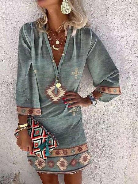 

V Neck Tribal Dresses, Blue, Boho dresses