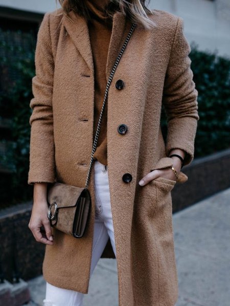 

Elegante Risvolto Solido Allentare Maniche Lunghe Giubbotto, Cachi, overcoat
