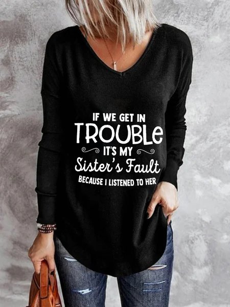 

Casual Long Sleeve V Neck Plus Size Printed Tops T-shirts, Black, T-Shirts