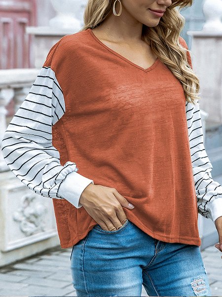 

Crew Neck Striped Loosen Shirts & Tops, Orange, T-Shirts