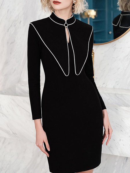 

Long Sleeve Plain Mandarin Collar Mini Dress, Black, Mini Dresses