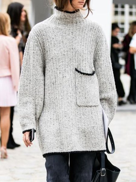 

Solid Casual Pockets Sweater, Gray, Pullovers
