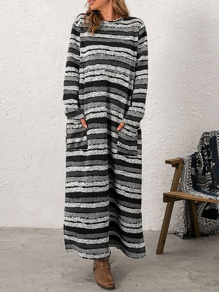 

Holiday Casual Loosen Long Sleeve Round Neck Striped Dresses, Black, Maxi Dresses
