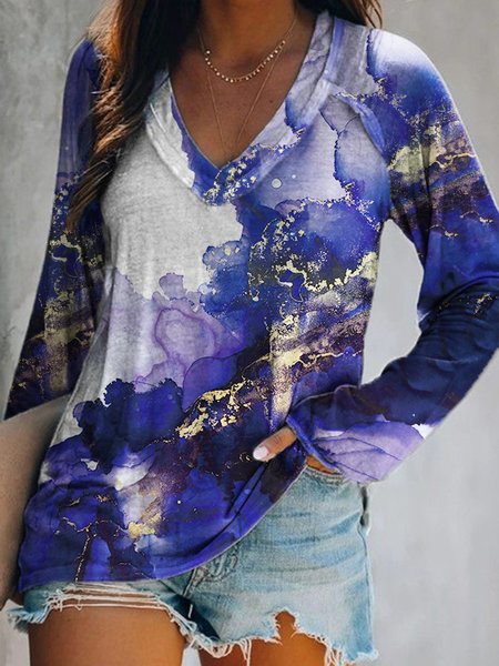 

Maniche Lunghe Casuale Stampato Scollo a V Top, Come immagine, T-Shirts