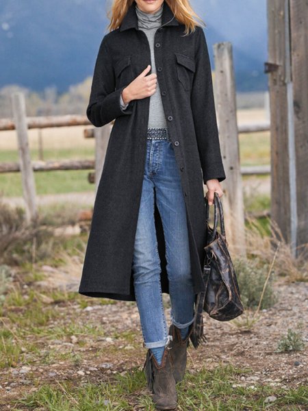 

Lapel Solid Loosen Casual Outerwear, Black, Coats