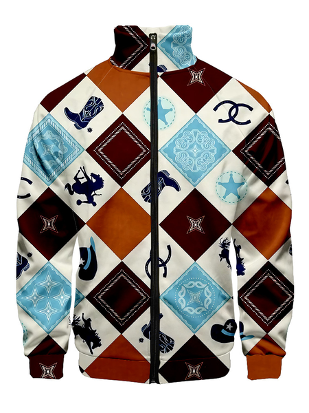 

Plaid Harness Print Long Sleeve Stand Collar Jackets, White, Jackets & Coats