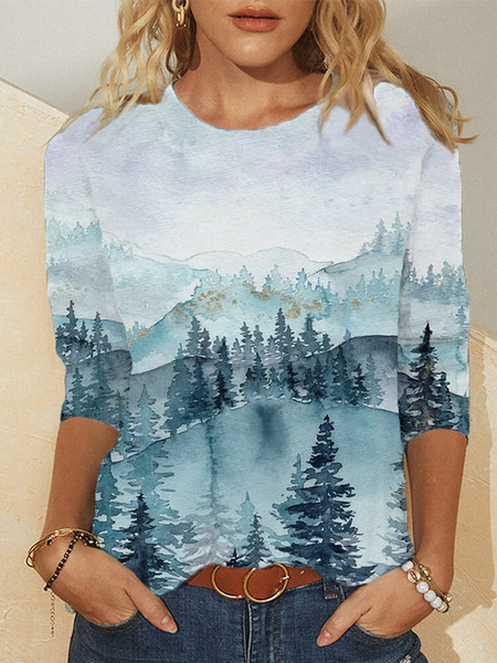

Plus size Plant Graphic Long Sleeve Shirts & Tops, Blue, T-Shirts