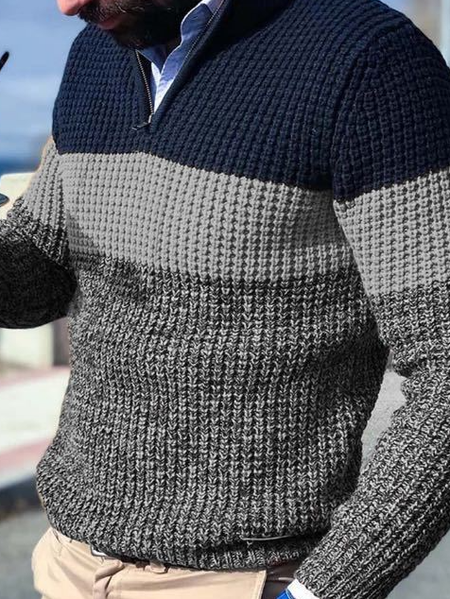 

Stand Collar Casual Long Sleeve Sweater, Gray, Men's Sweater