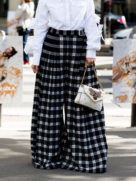 

Plaid Regular Fit Work Pants, Black, Wide Leg Pants
