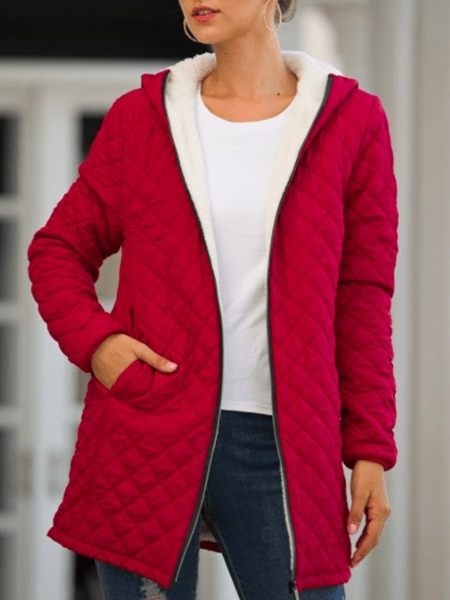 

Fall Solid Hooded Mid-weight Non-Stretch Daily Outerwear, Wine red, Coats