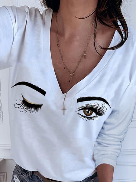 

Casual Long Sleeve V Neck Printed Top, White, T-Shirts