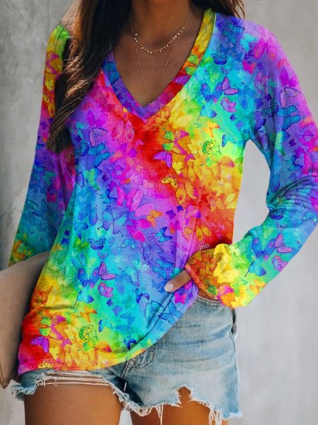 

Casual Long Sleeve V Neck Plus Size Printed Tops T-shirts, Multicolor, T-Shirts