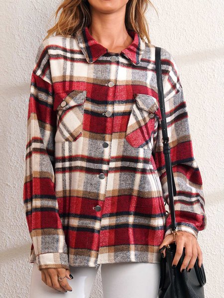 

Shirt Collar Casual Grid Outerwear, Reddish black, Coats