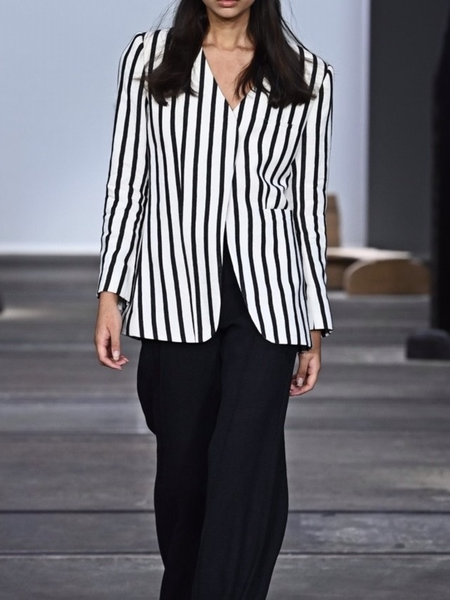 

Fall Simple Striped Non-Stretch Work Formal V neck Outerwear, Stripe, Blazers