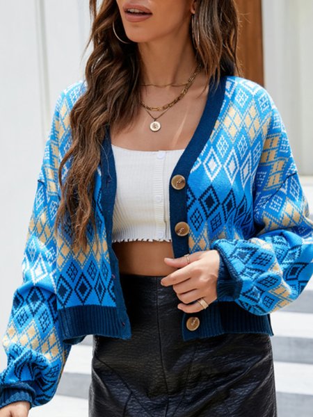 

Vintage Casual Elegant V Neck Outerwear, Blue, Cardigans