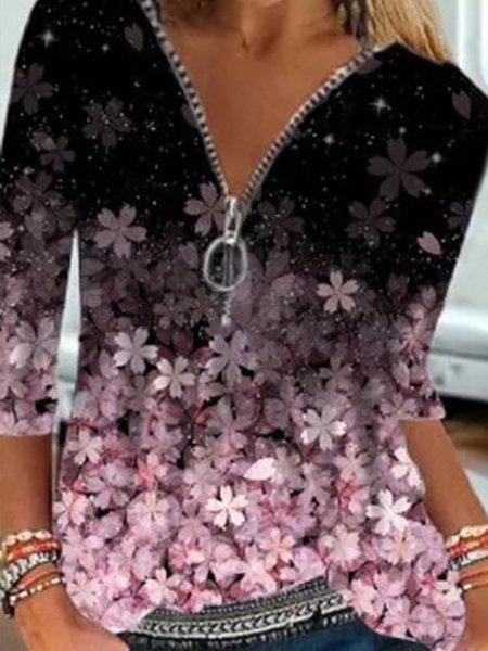 

V Neck Loosen Floral Shirts & Tops, Black, Tops