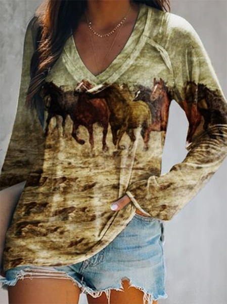 

Long Sleeve V Neck Animal Printed Shirts & Tops, As picture, T-Shirts