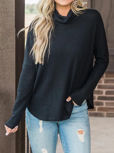 

Allentare Casuale Solido Maniche Lunghe alto Collo Top, Nero, Blouses & Shirts