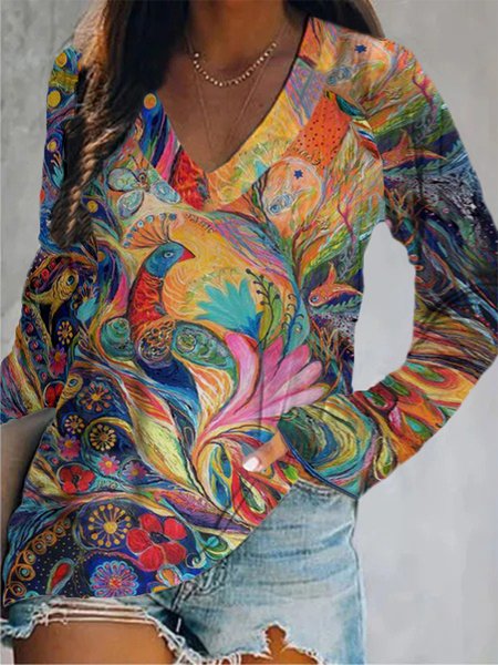 

Vintage Multicolore Pavone Stampato Scollo a V Maniche Lunghe taglia grande Casuale Top, T-Shirts