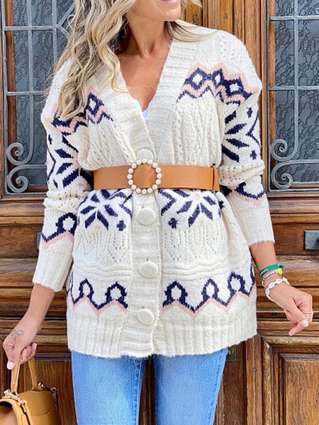 

Acrylic V Neck Casual Outerwear, White, Cardigans