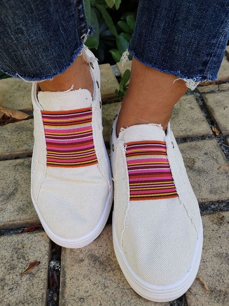 Casual Striped Panel Flat Shoes, Beige, Athletic & Casual Shoes