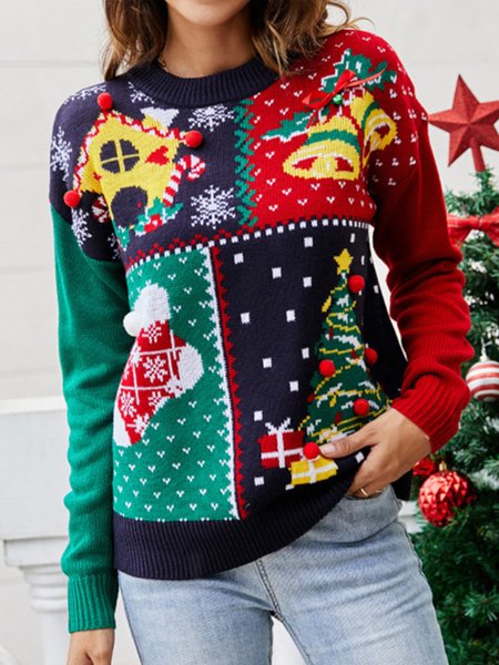 

Long sleeve Crew Neck Cartoon Vintage Sweater, Purplish blue, Pullovers