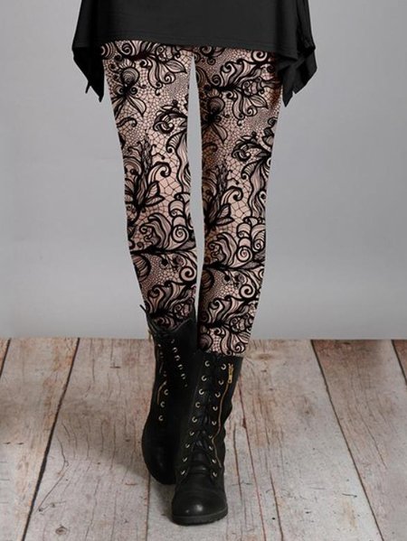 

Elastic waist Floral Printed Vintage Skinny Long Leggings, Black, leggings