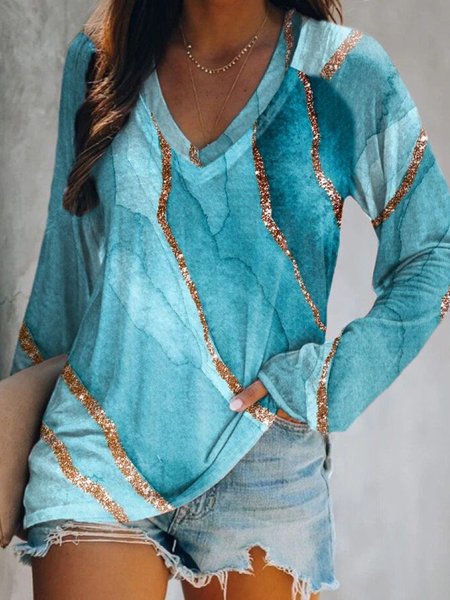 

Casual Long Sleeve V Neck Plus Size Printed Tops T-shirts, Blue, T-Shirts