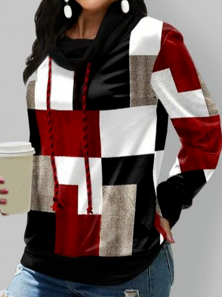 

Cowl Neck Grid Casual Tops, Multicolor, Long sleeve tops