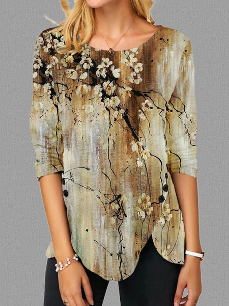 

Casuale Maniche Lunghe Girocollo taglia grande Stampato Top T-shirts, Cachi, T-Shirts
