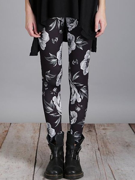 

Elastic waist Floral Printed Vintage Slim Fit Long Pants, Black, Leggings
