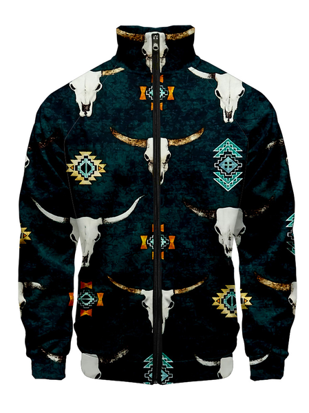 

Native Print Stand Collar Long Sleeve Jackets, Blue, Jackets & Coats