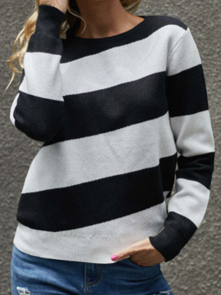 

Black-white Vintage Striped Crew Neck Sweater, Sweaters