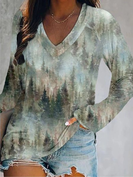 

Casual Long Sleeve V Neck Plus Size Printed Tops T-shirts, Green, T-Shirts
