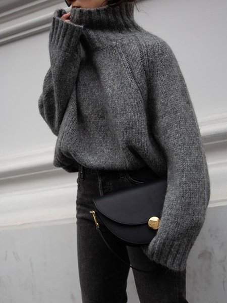 

Solid Daily Casual Sweater, Gray, Pullovers