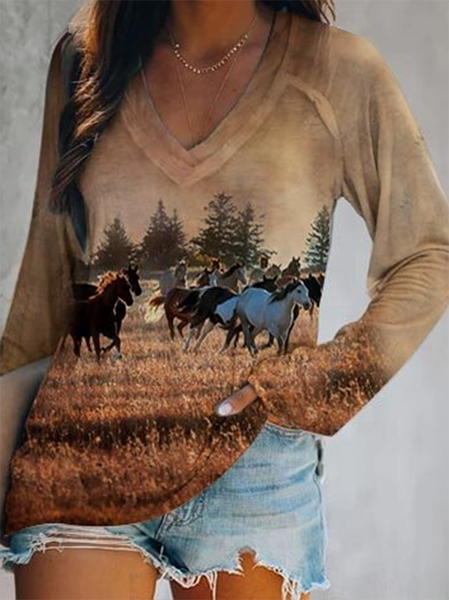 

Animal Printed V Neck Long Sleeve Shirts & Tops, As picture, T-Shirts