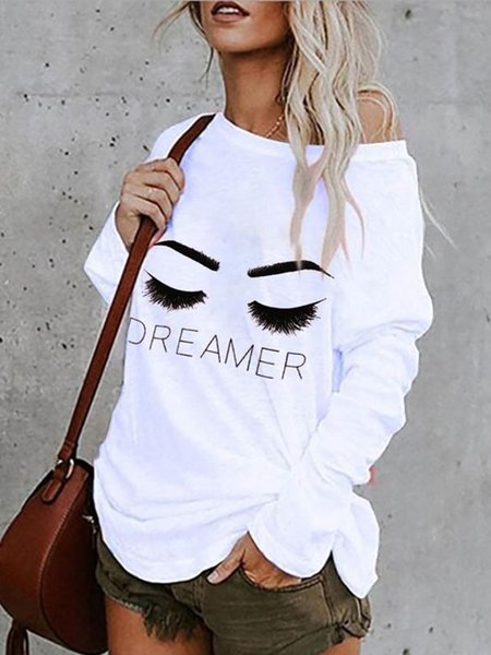 

White Printed Casual Sexy Fashion Round Neck Loosen Shirts & Tops, Tops