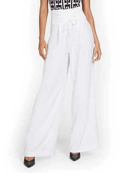 

Fall Plain Elegant Lady Slightly stretchy Drawstring waist Pants, White, Wide Leg Pants