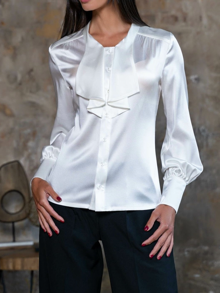 

Fall Satin Solid Crew Neck Work Formal Date Long sleeve Tops, White, Blouses and Shirts