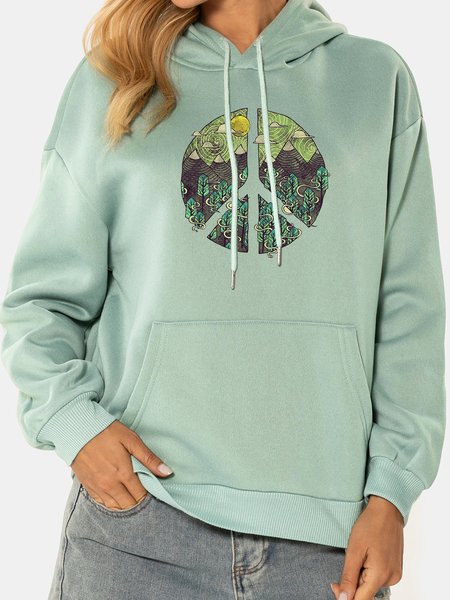 Unocis Plant And Peace Print Long Sleeves Hoodie, Green, Hoodies