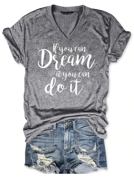 

Casual and simple letter print V-neck short-sleeved T-shirt, Gray, T-shirts