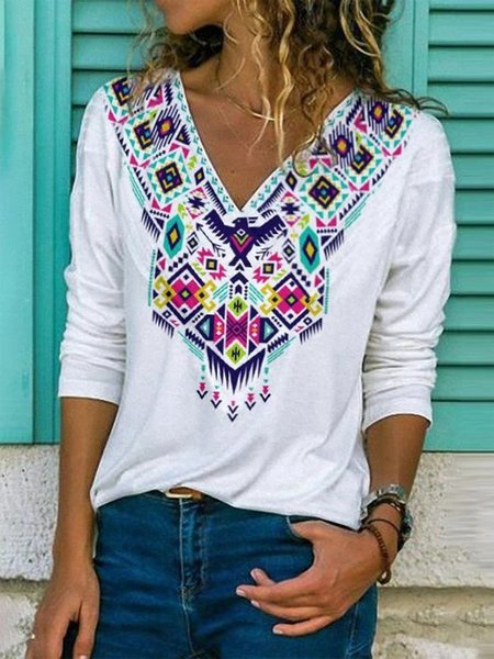

Vintage Geometric Floral Printed V Neck Long Sleeves Plus Size Casual Tops, White, T-Shirts