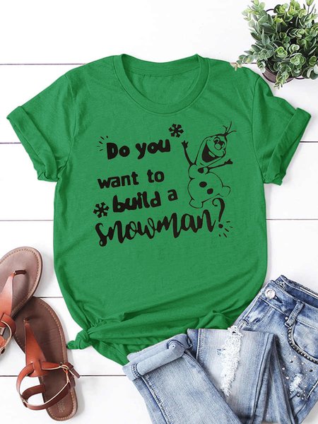 

Snowman print round neck short-sleeved cotton T-shirt, Deep green, T-shirts