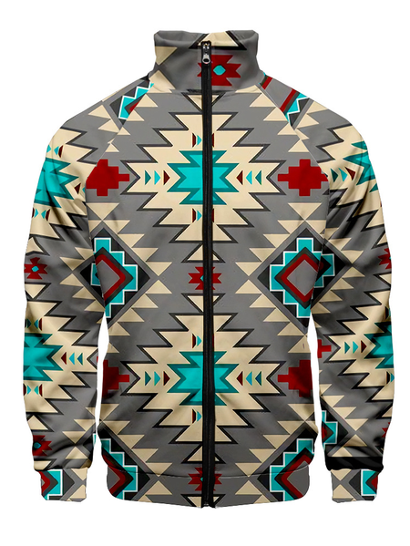 

Native Print Long Sleeve Zipper Jackets, Gray, Jackets & Coats